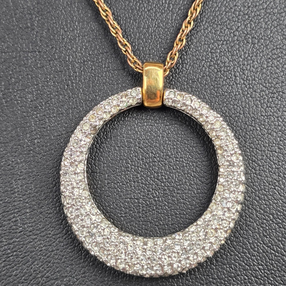 Joan Rivers Crystal Rhinestone Pave Circle Pendant Necklace Gold Tone 22 Inch